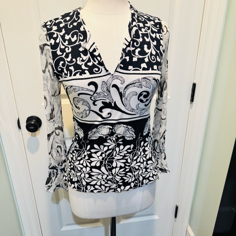 Cache Black and White Floral Blouse